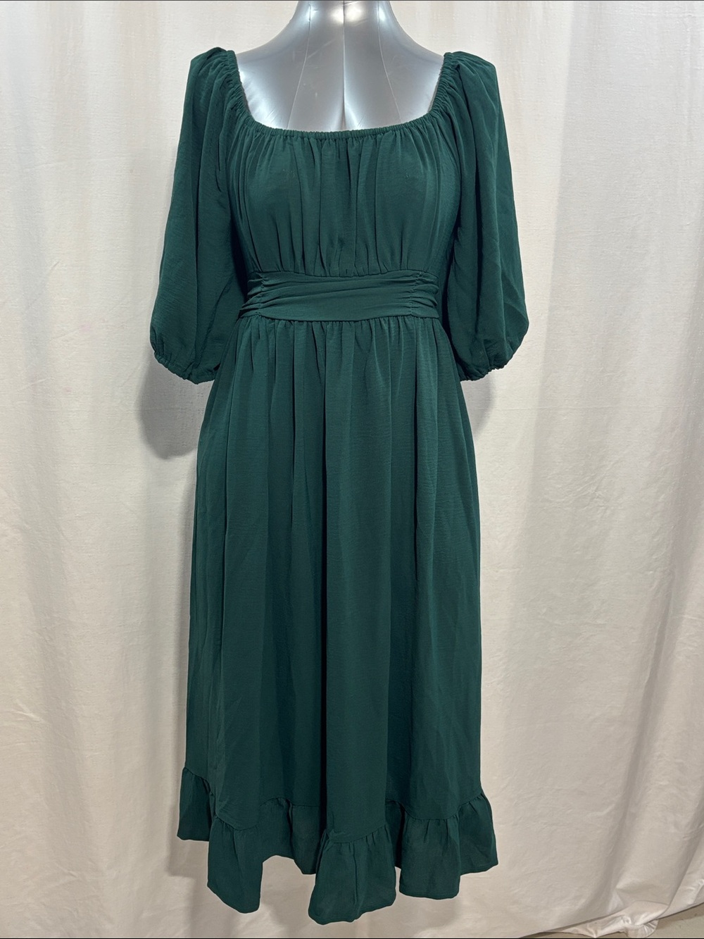 Elegant Forest Green Midi Dress with Puff Sleeves Plus Size party work office